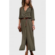 Army-green Lapel Long Sleeve Button Up Slit Casual Maxi Shirt Dress