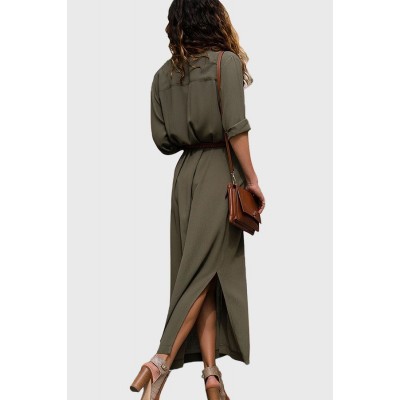 Army-green Lapel Long Sleeve Button Up Slit Casual Maxi Shirt Dress