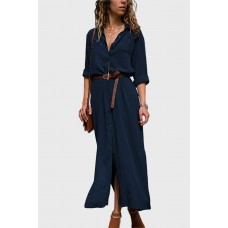 Dark-Lapel Long Sleeve Button Up Slit Casual Maxi Shirt Dress