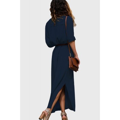 Dark-Lapel Long Sleeve Button Up Slit Casual Maxi Shirt Dress