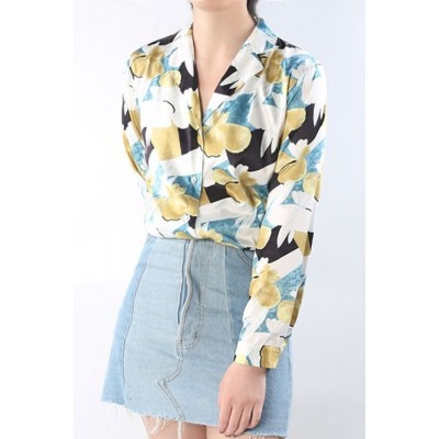 Floral Button Up Notched Collar Long Sleeve Casual Shirt