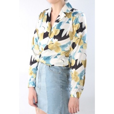 Floral Button Up Notched Collar Long Sleeve Casual Shirt