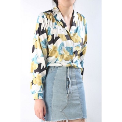 Floral Button Up Notched Collar Long Sleeve Casual Shirt