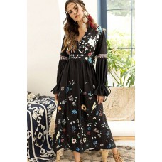 Black Floral V Neck Long Sleeve Chic Boho Maxi Dress