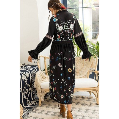 Black Floral V Neck Long Sleeve Chic Boho Maxi Dress