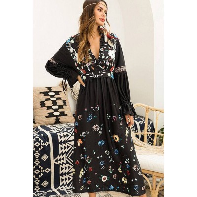 Black Floral V Neck Long Sleeve Chic Boho Maxi Dress