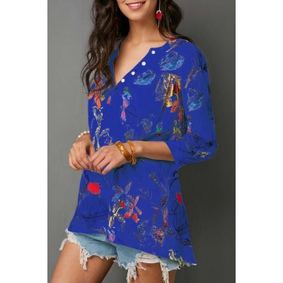 Floral V Neck Button Casual Blouse