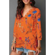 Orange Floral V Neck Button Casual Blouse