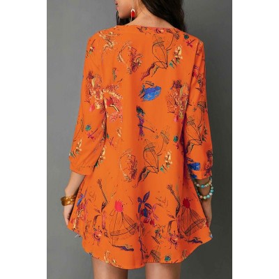 Orange Floral V Neck Button Casual Blouse