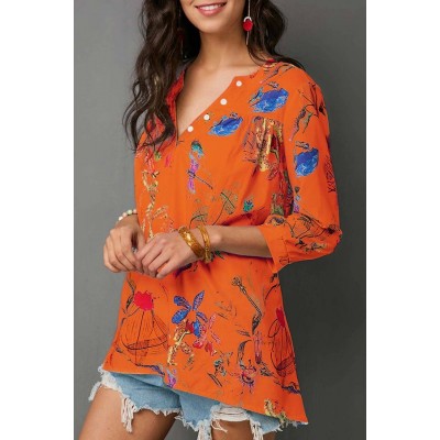 Orange Floral V Neck Button Casual Blouse