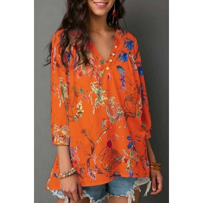 Orange Floral V Neck Button Casual Blouse