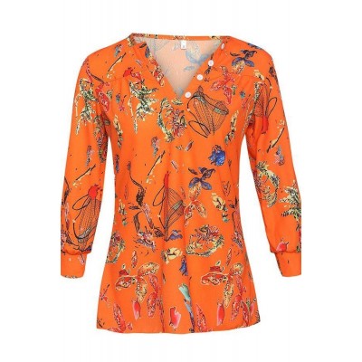 Orange Floral V Neck Button Casual Blouse