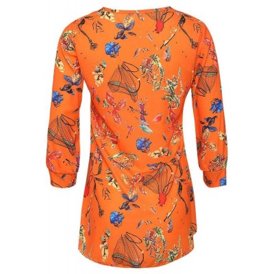 Orange Floral V Neck Button Casual Blouse