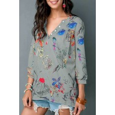 Gray Floral V Neck Button Casual Blouse