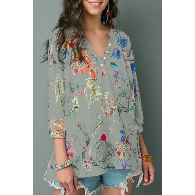 Gray Floral V Neck Button Casual Blouse