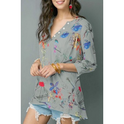 Gray Floral V Neck Button Casual Blouse