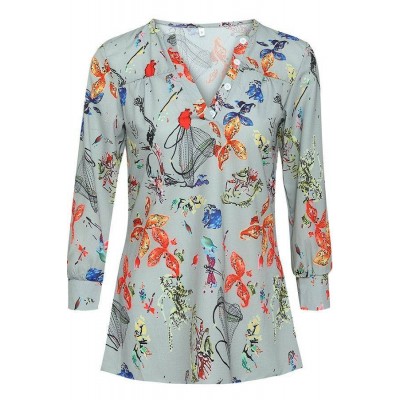 Gray Floral V Neck Button Casual Blouse