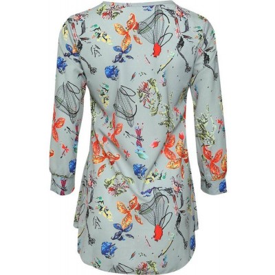 Gray Floral V Neck Button Casual Blouse