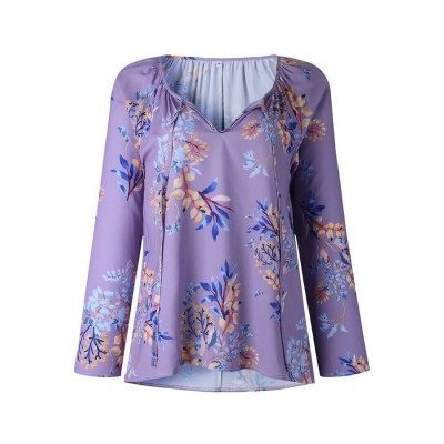 Purple Floral Tied V Neck Casual Blouse