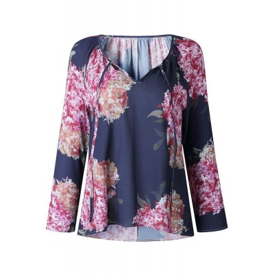 Dark-Floral Tied V Neck Casual Blouse