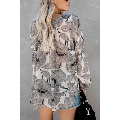 Apricot Floral Leaf Tied V Neck Casual Blouse