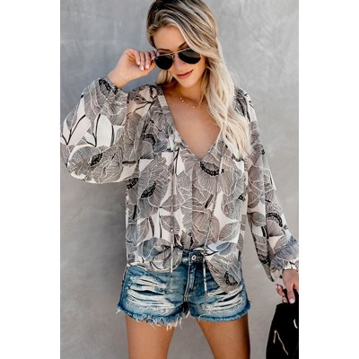 Apricot Floral Leaf Tied V Neck Casual Blouse