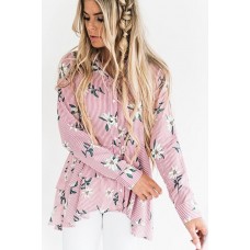 Pink Floral Stripe Ruffles Dressy High Low Shirt