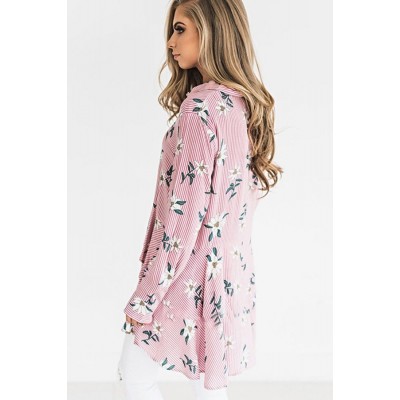 Pink Floral Stripe Ruffles Dressy High Low Shirt