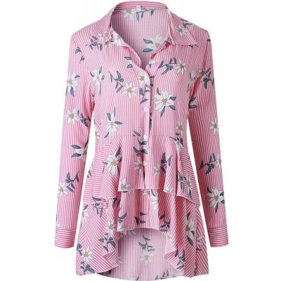 Pink Floral Stripe Ruffles Dressy High Low Shirt