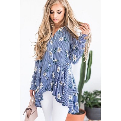 Floral Stripe Ruffles Dressy High Low Shirt