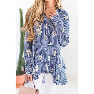 Floral Stripe Ruffles Dressy High Low Shirt