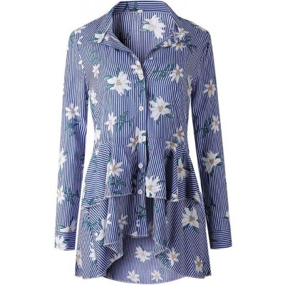 Floral Stripe Ruffles Dressy High Low Shirt