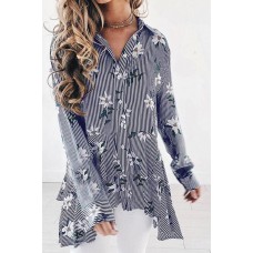 Floral Stripe Ruffles Dressy High Low Shirt