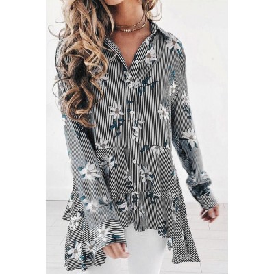 Floral Stripe Ruffles Dressy High Low Shirt