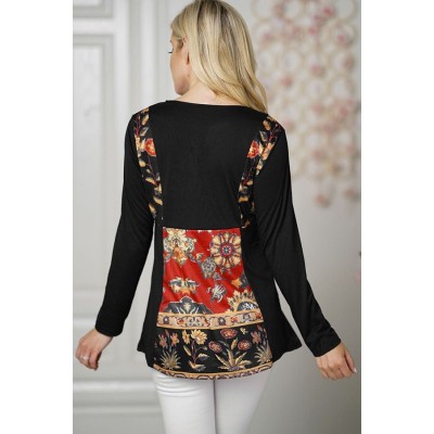 Black Floral Printed Long Sleeve Casual Blouse