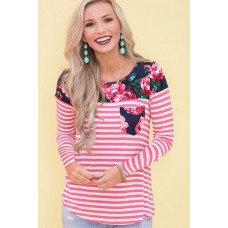 Red Floral Stripe Long Sleeve Casual Tee Top