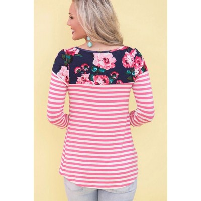 Red Floral Stripe Long Sleeve Casual Tee Top