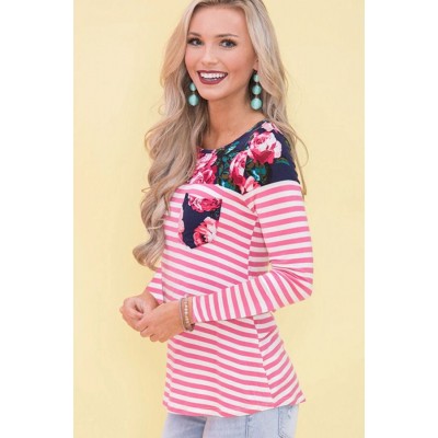 Red Floral Stripe Long Sleeve Casual Tee Top