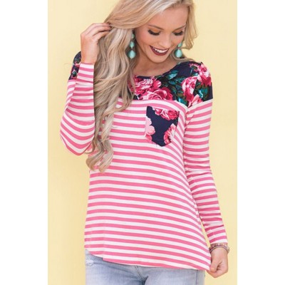 Red Floral Stripe Long Sleeve Casual Tee Top