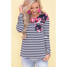 Dark-Floral Stripe Long Sleeve Casual Tee Top