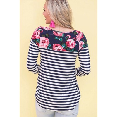 Dark-Floral Stripe Long Sleeve Casual Tee Top