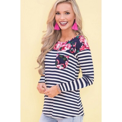 Dark-Floral Stripe Long Sleeve Casual Tee Top