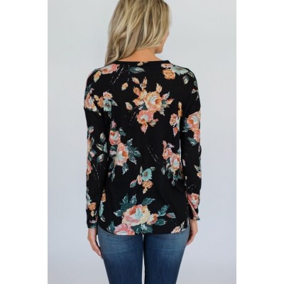 Black Floral V Neck Button Up Tied Casual Top