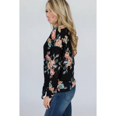 Black Floral V Neck Button Up Tied Casual Top