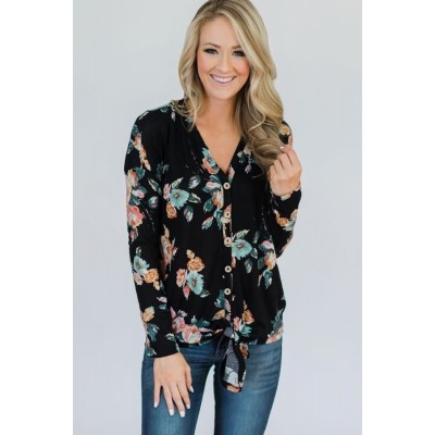 Black Floral V Neck Button Up Tied Casual Top