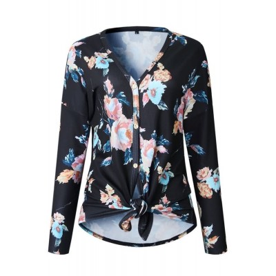 Black Floral V Neck Button Up Tied Casual Top