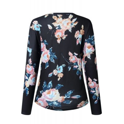 Black Floral V Neck Button Up Tied Casual Top