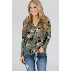 Dark-green Floral V Neck Button Up Tied Casual Top