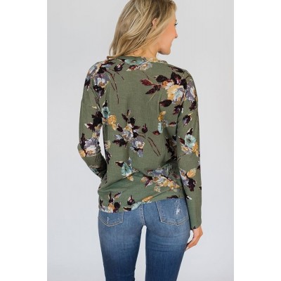 Dark-green Floral V Neck Button Up Tied Casual Top