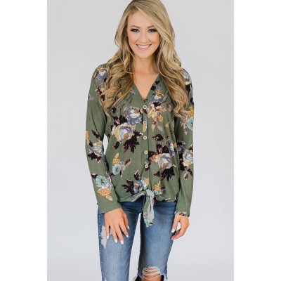 Dark-green Floral V Neck Button Up Tied Casual Top